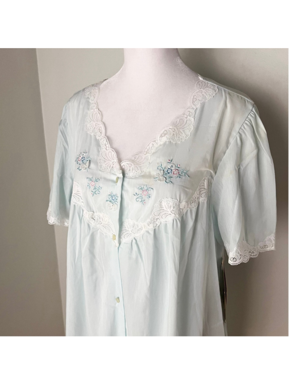 Vtg Barbizon Peignoir Set Size L Blue Floral Nightgown Robe Lace Embroidered NWT - Picture 9 of 15
